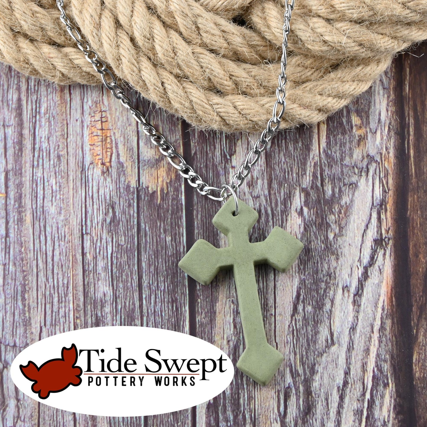 Olive Green Unglazed Ceramic Pointed Cross Handcrafted Necklace