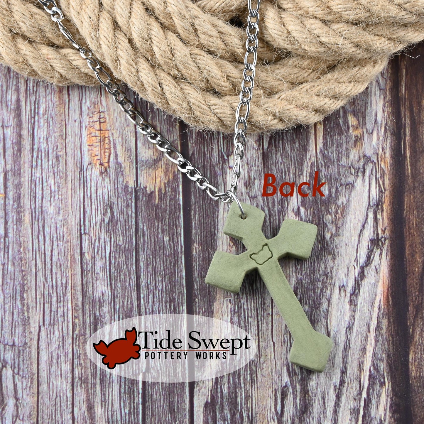 Olive Green Unglazed Ceramic Pointed Cross Handcrafted Necklace