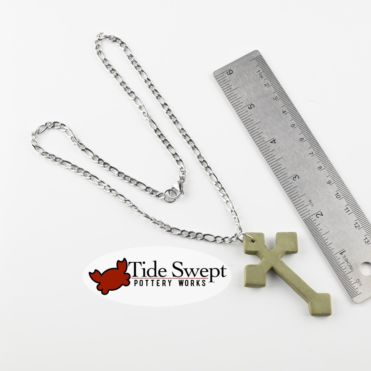 Olive Green Unglazed Ceramic Pointed Cross Handcrafted Necklace