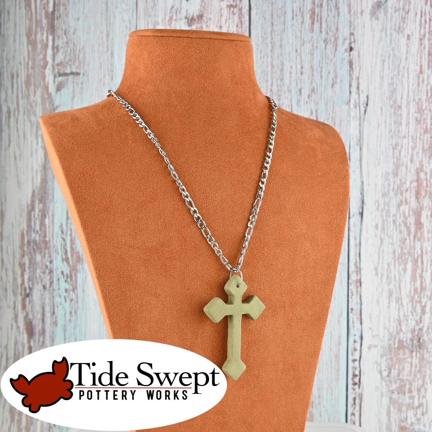 Olive Green Unglazed Ceramic Pointed Cross Handcrafted Necklace